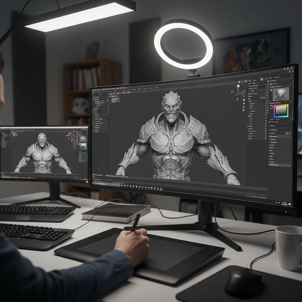 Artist sculpting detailed 3D model using a pen tablet in sculpting software