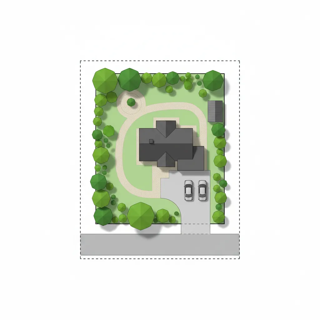 Digital site plan layout showing house placement driveway and landscaping on property