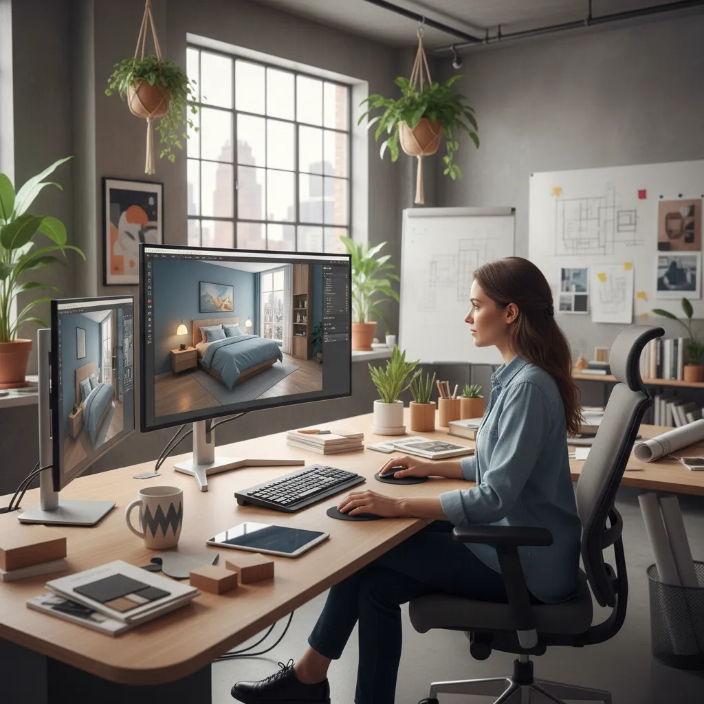 Visualización digital de diseño de dormitorio pequeño en software 3D