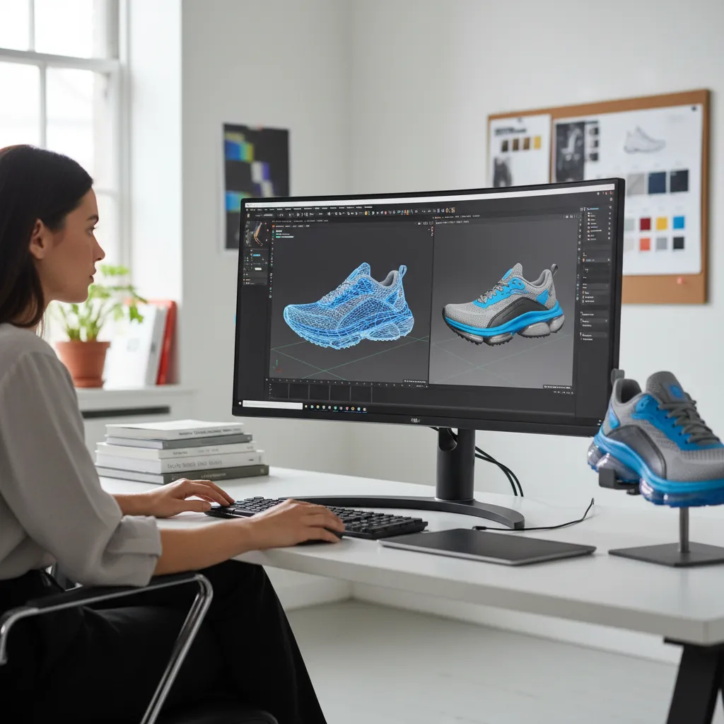 designer working on sneaker 3D model on computer screen