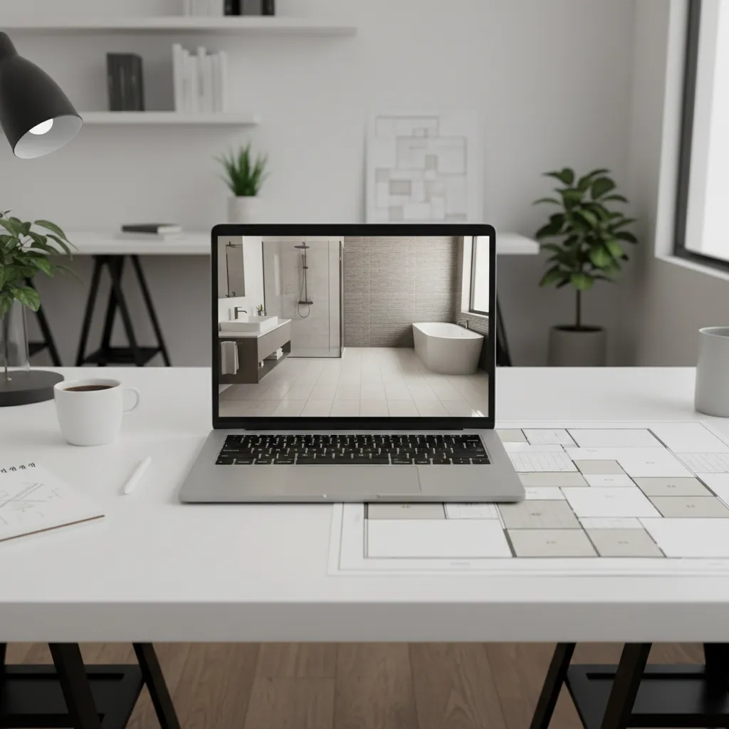 Interior designer visualizing bathroom floor tile layout using planning software