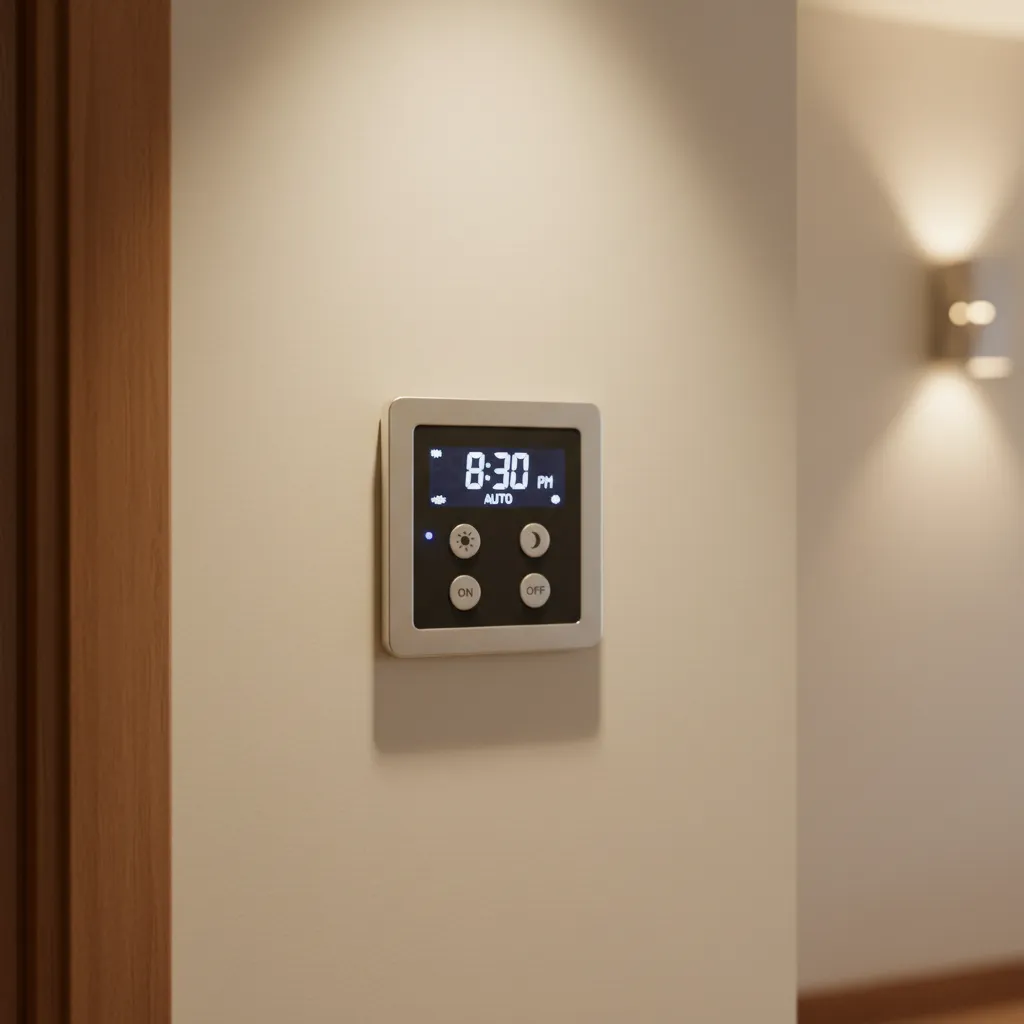 Digital timer switch installed on interior wall controlling exterior lights