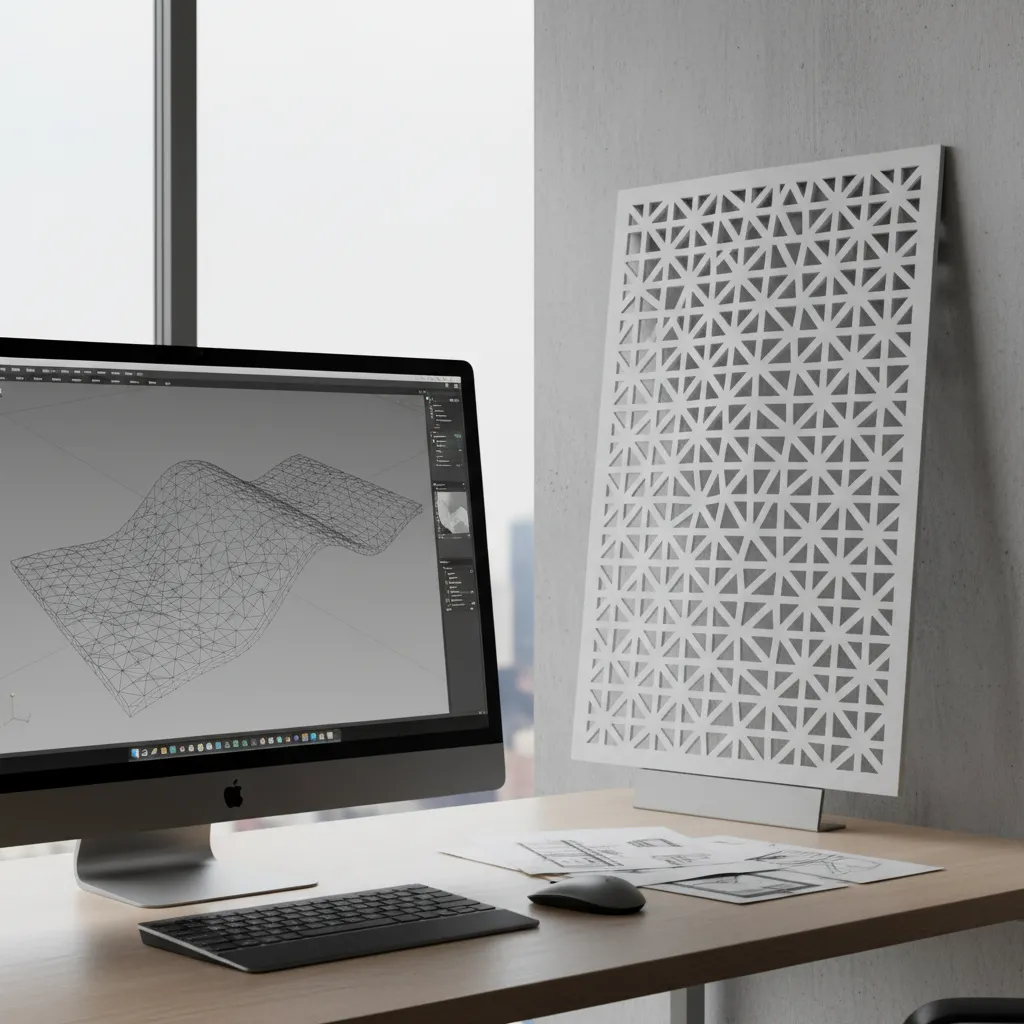 workflow showing transition from digital jali model to physical fabrication panel