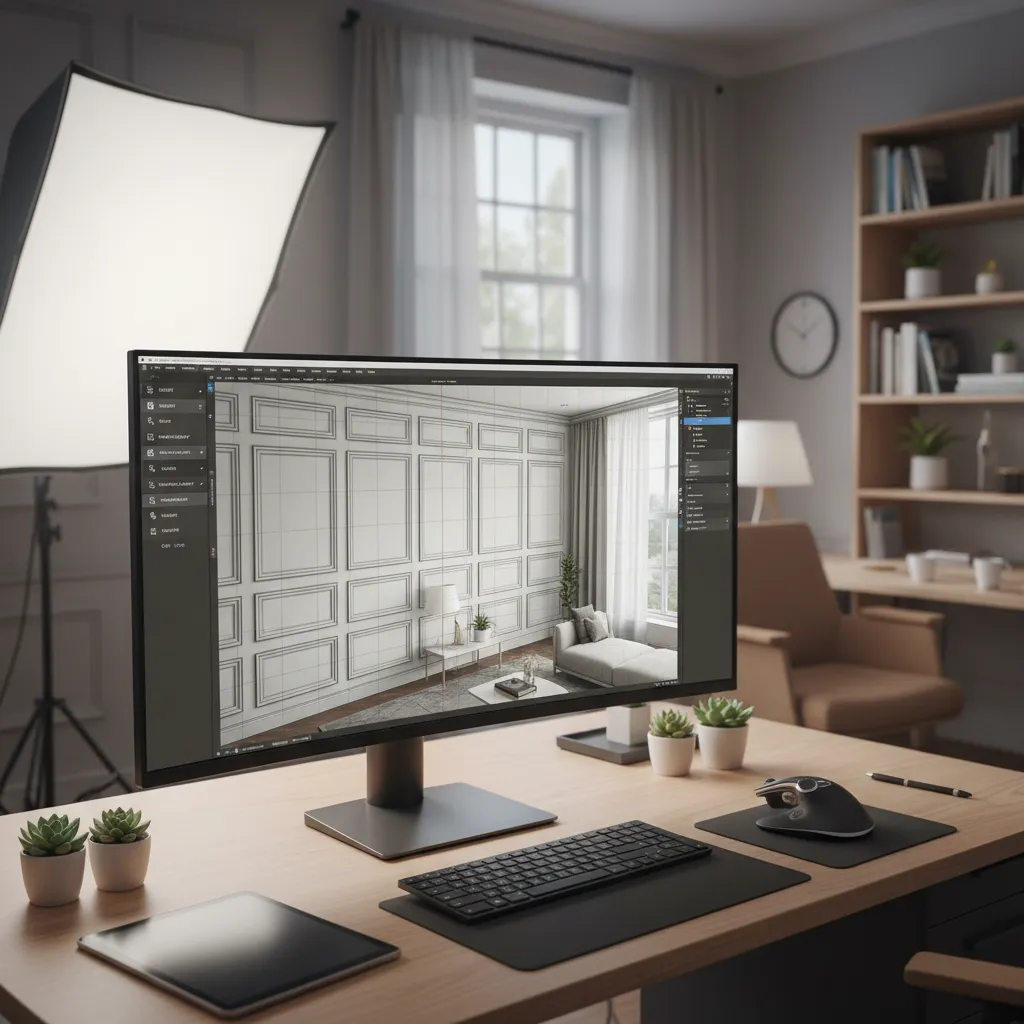 3D software interface showing wall panel spacing and trim layout planning