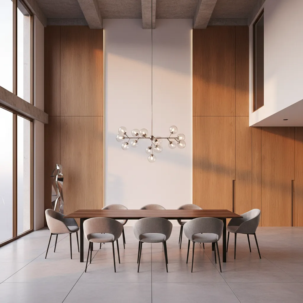 dining table appearing dim under chandelier hung too high in tall ceiling room