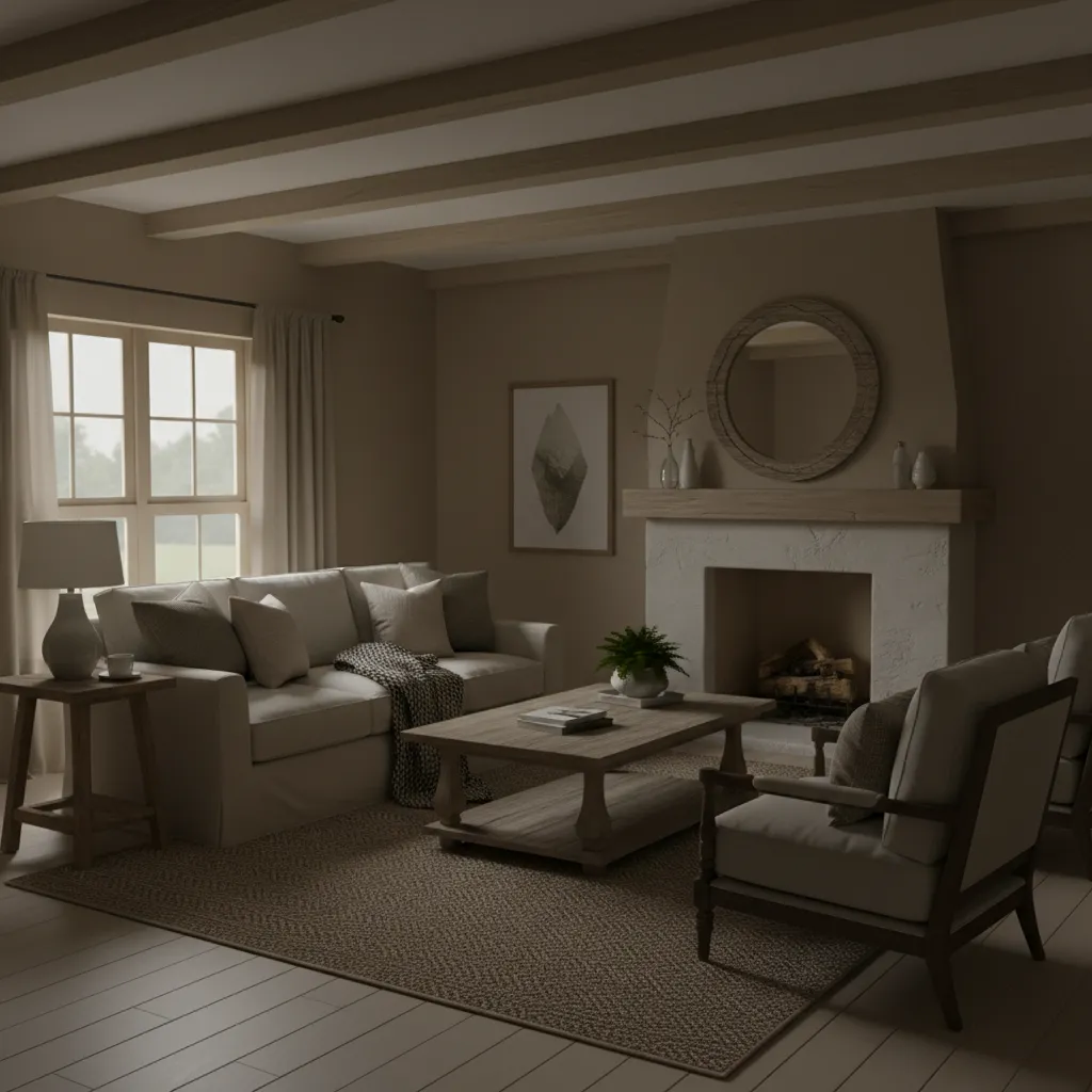Dim farmhouse living room with insufficient lighting and dark corners