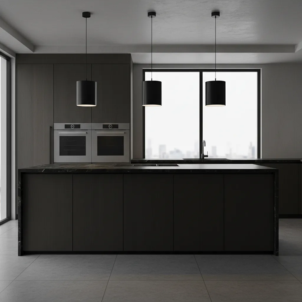 Kitchen pendant lights creating dim lighting over a countertop workspace