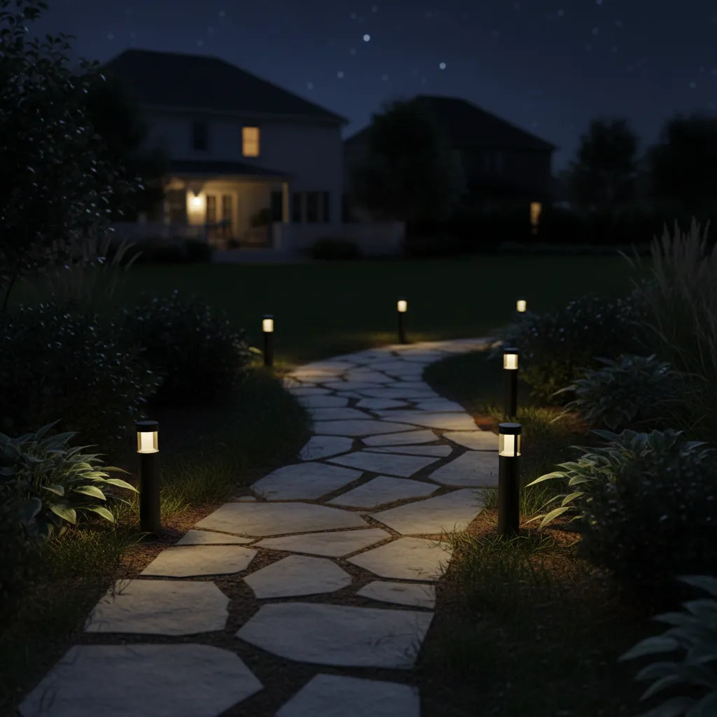 Dim pathway landscape lighting showing weak illumination along garden path