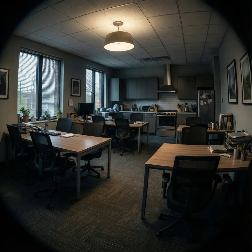 Office break room with dim uneven lighting and dark corners around seating area