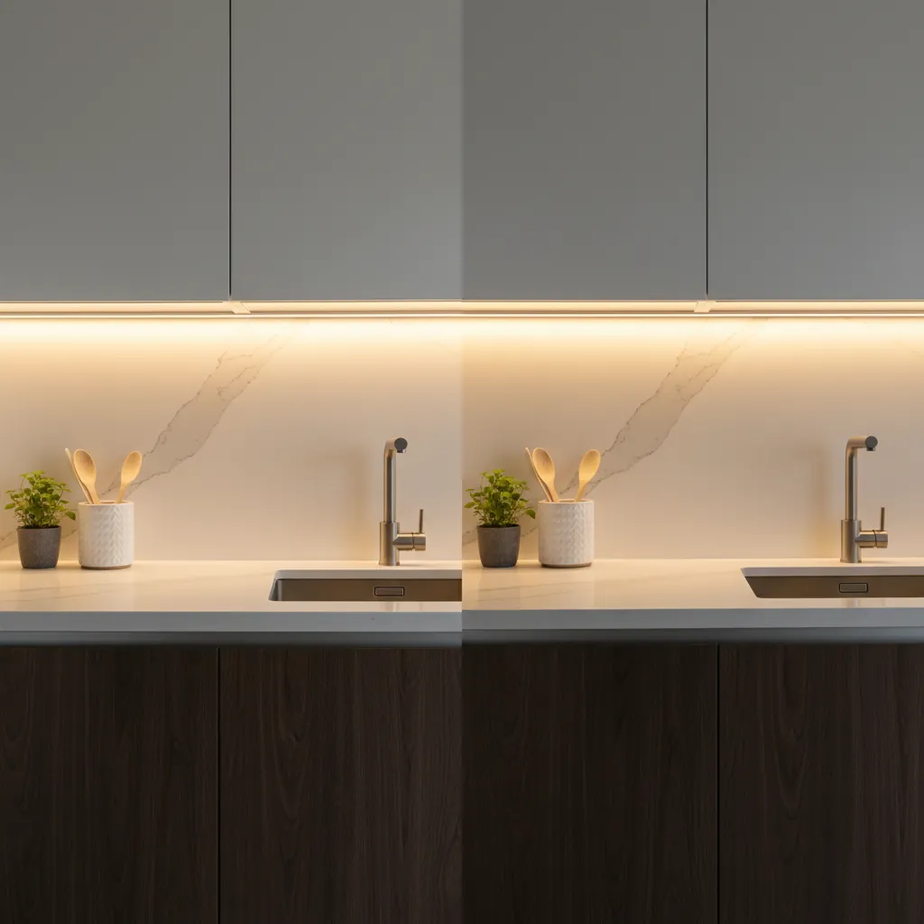 Dim battery powered under cabinet lighting showing weak illumination on kitchen counter