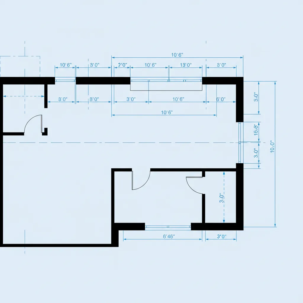 Architectural diagram showing dimension chain alignment across rooms and walls