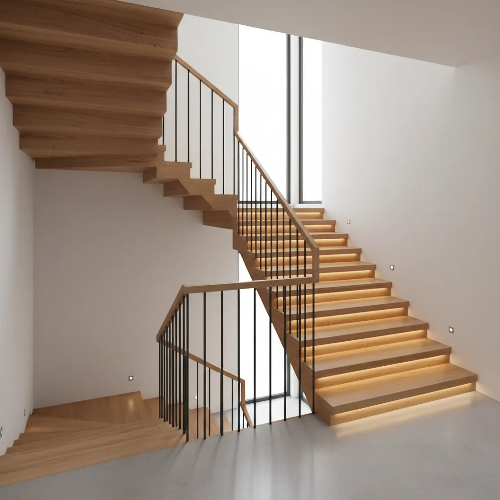 Modern wooden staircase with black metal rails and lights under each step against white walls