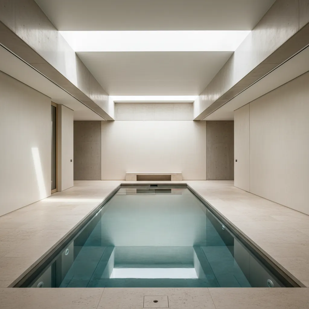 Piscina interior rectangular con proporciones equilibradas en vivienda moderna