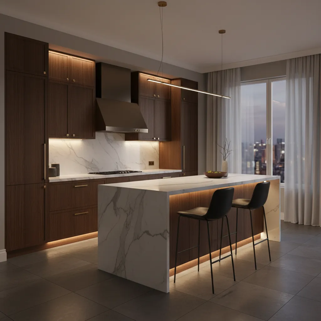 Kitchen showing dimmable cabinet lighting creating soft evening ambience