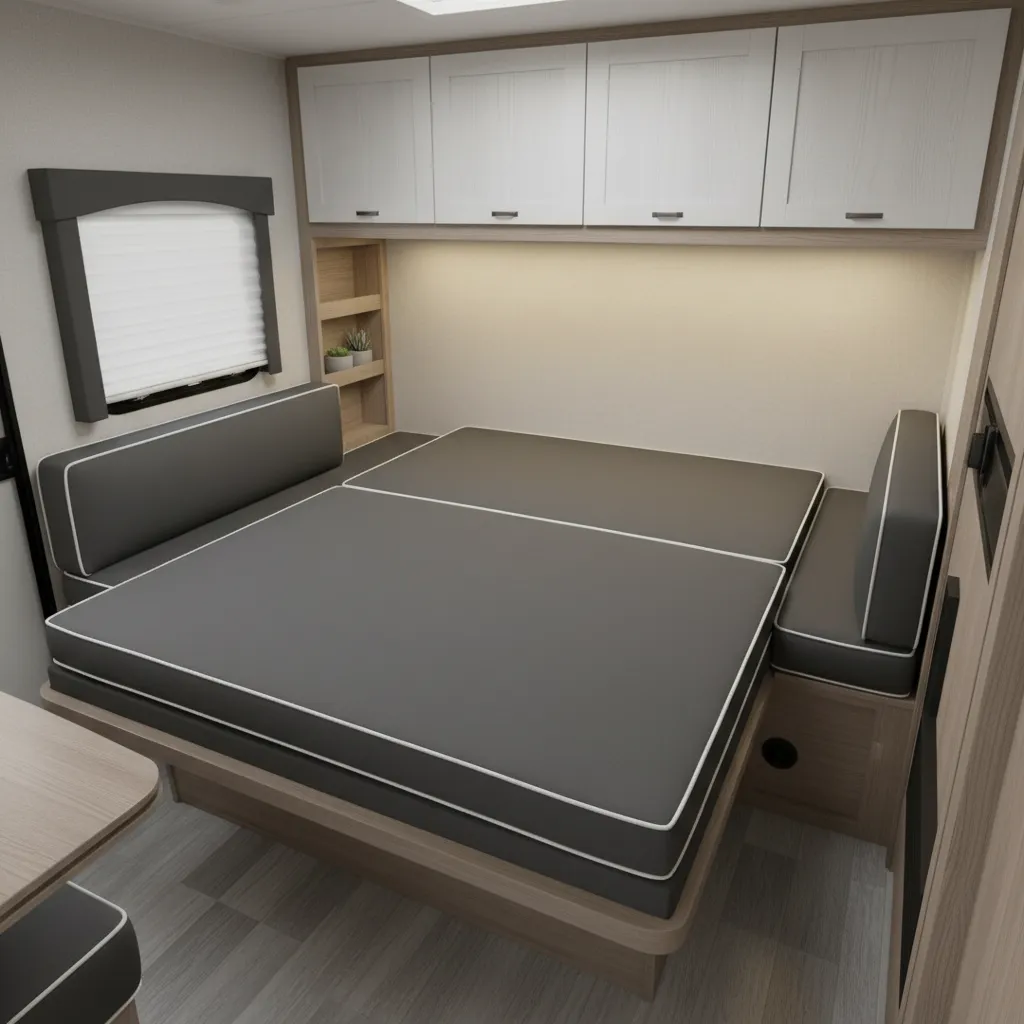 Dinette seating converting into a bed inside a compact travel trailer