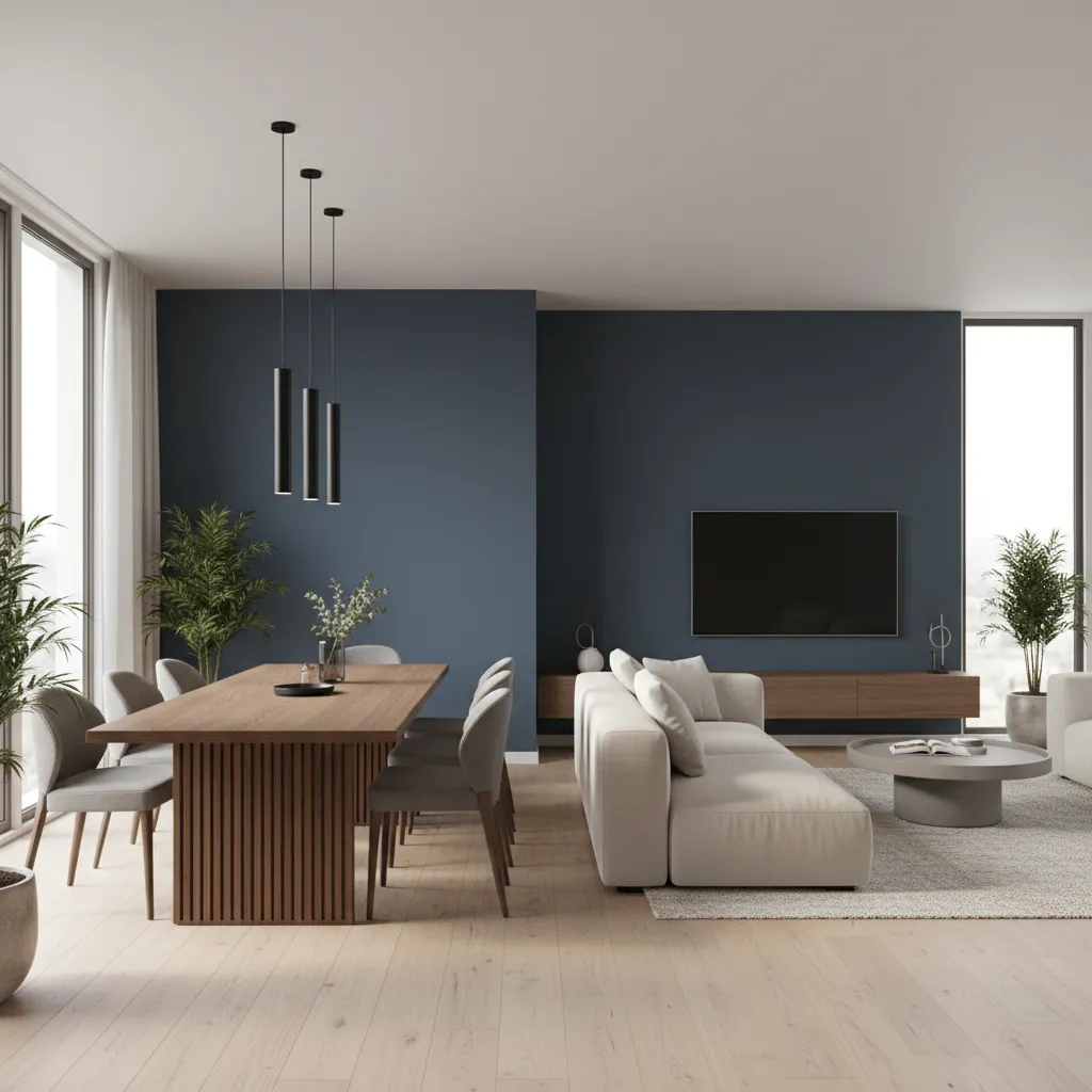 Dining area accent wall defining space in open concept room