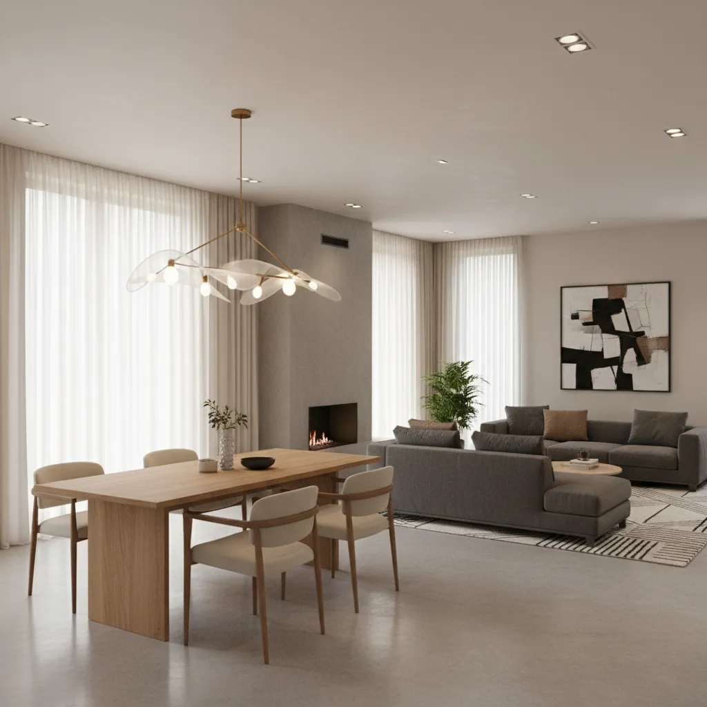 pendant lighting defining dining table zone inside a living room