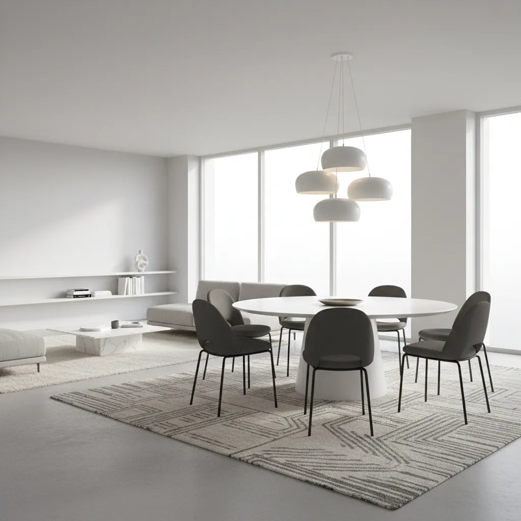 dining table on area rug defining dining zone in living room