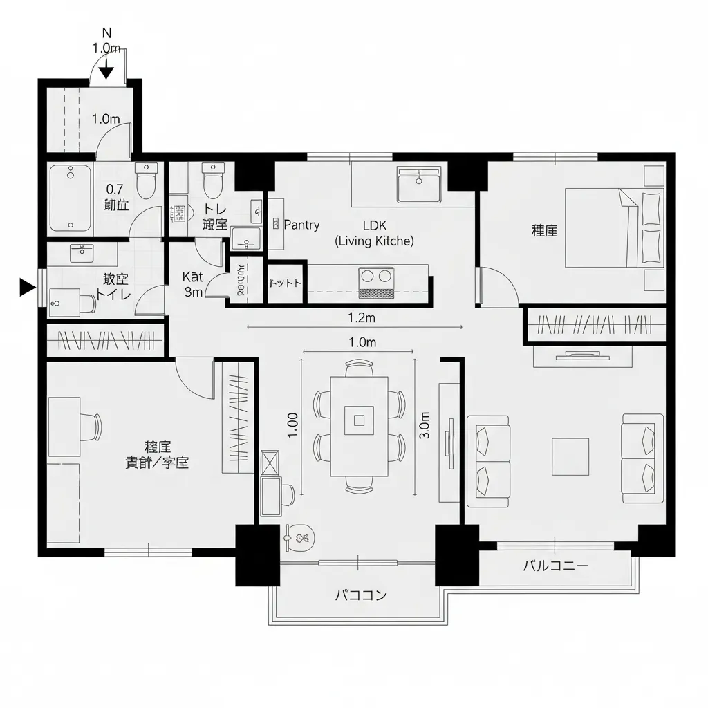ダイニングを軸にした直列の家事動線