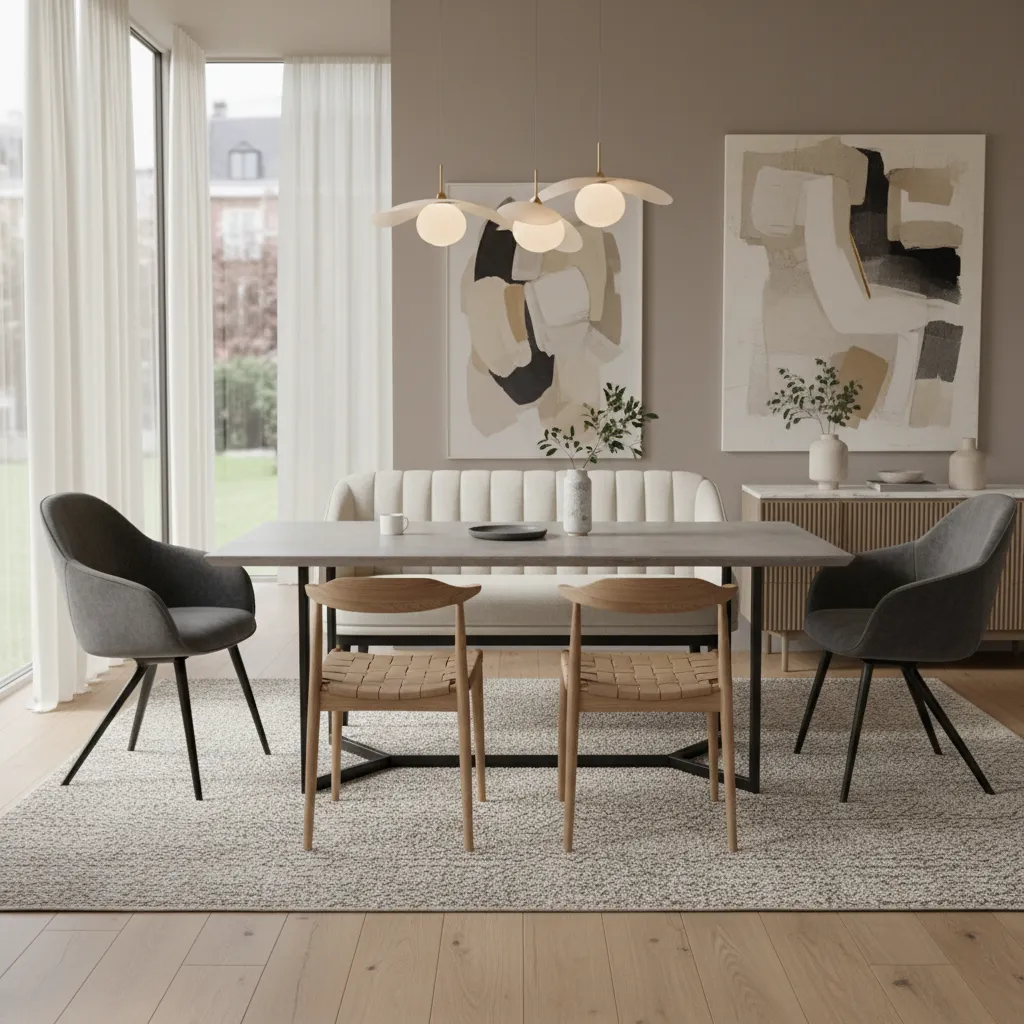 Dining table with bench on one side and modern chairs on the other side