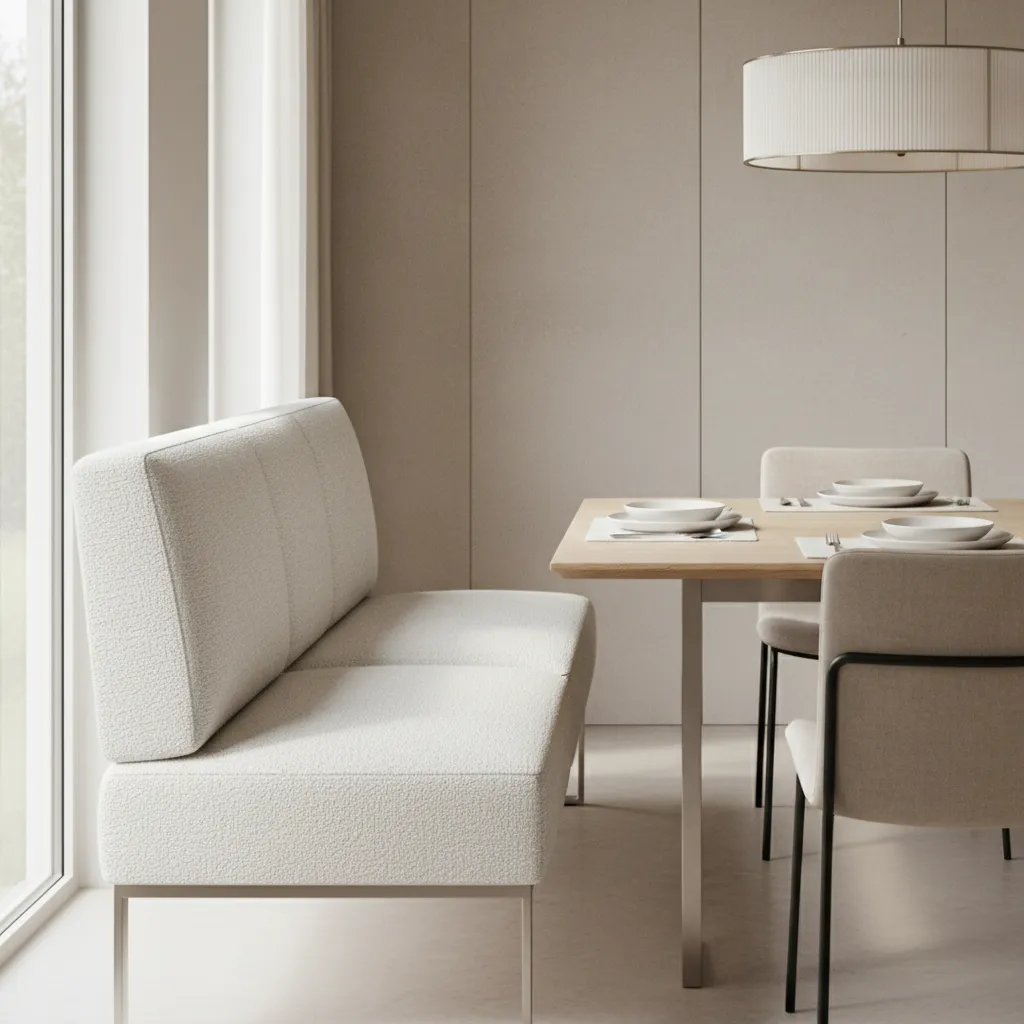 Close view of cushioned white dining bench seating detail