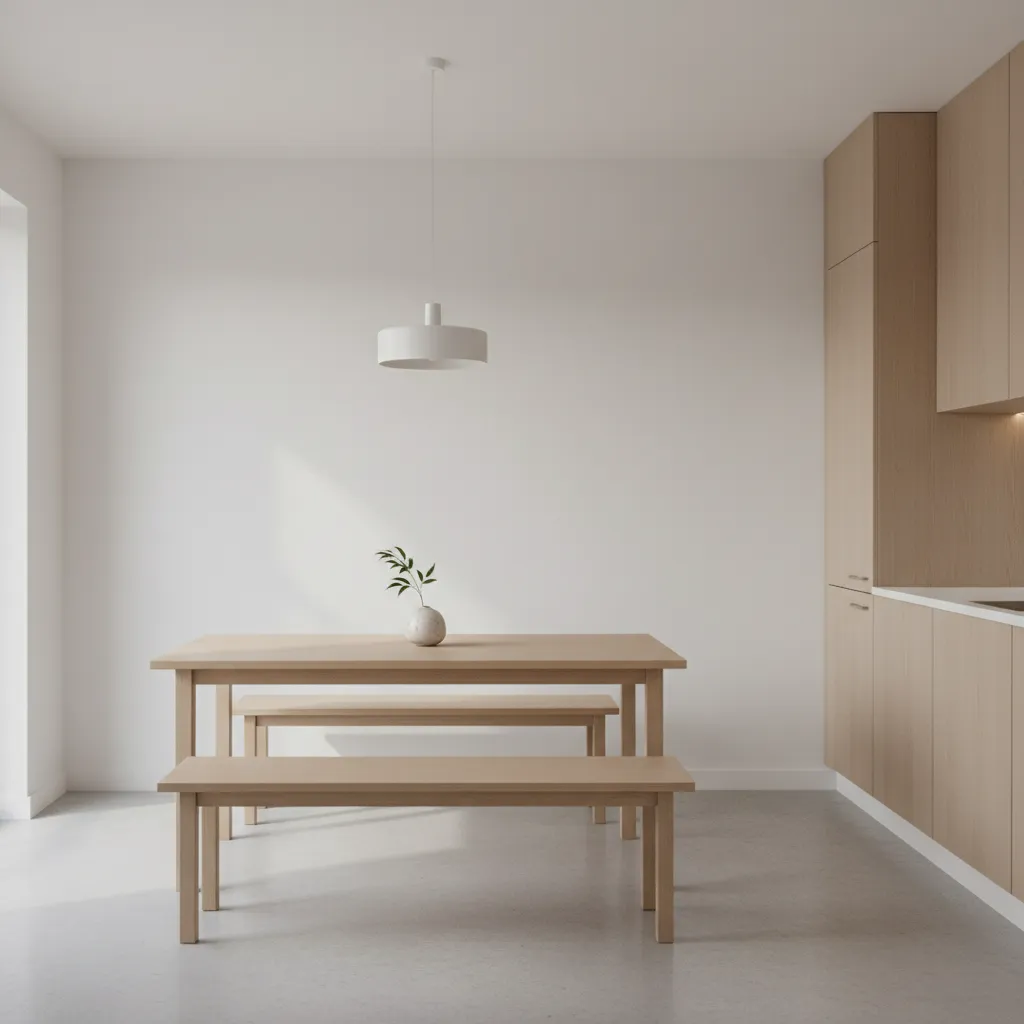 Minimal dining bench tucked under a wooden dining table in a small kitchen dining area