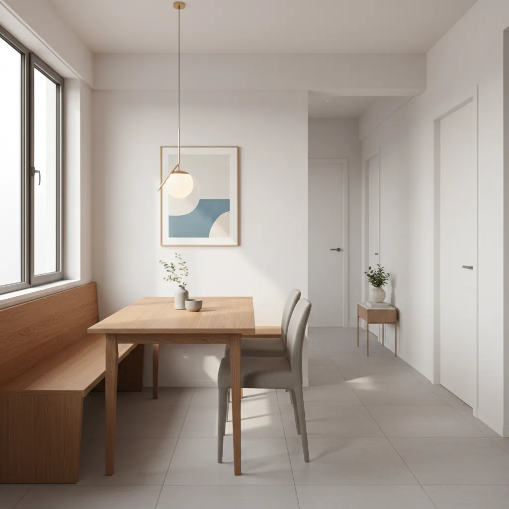 Dining room layout showing bench seating saving space along a wall