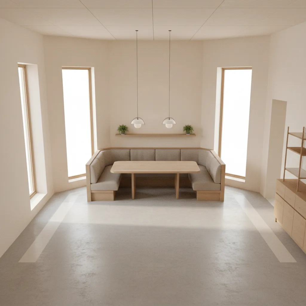 3D layout visualization of dining booth seating arrangement and table spacing