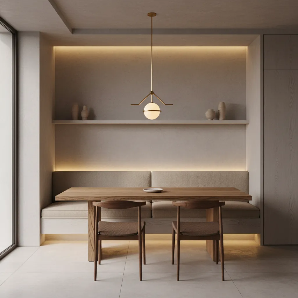 Dining booth seating with pendant lighting above table