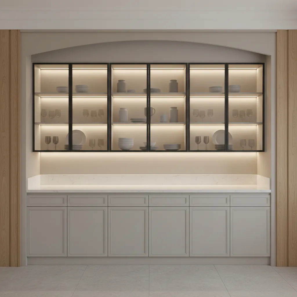 Dining room built-in cabinet layout with shelves and base storage