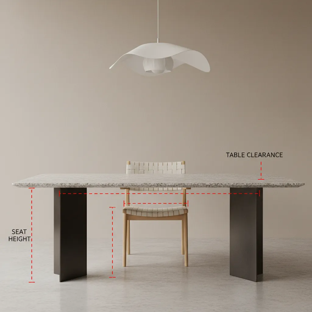 diagram style view showing chair seat height and clearance under granite table