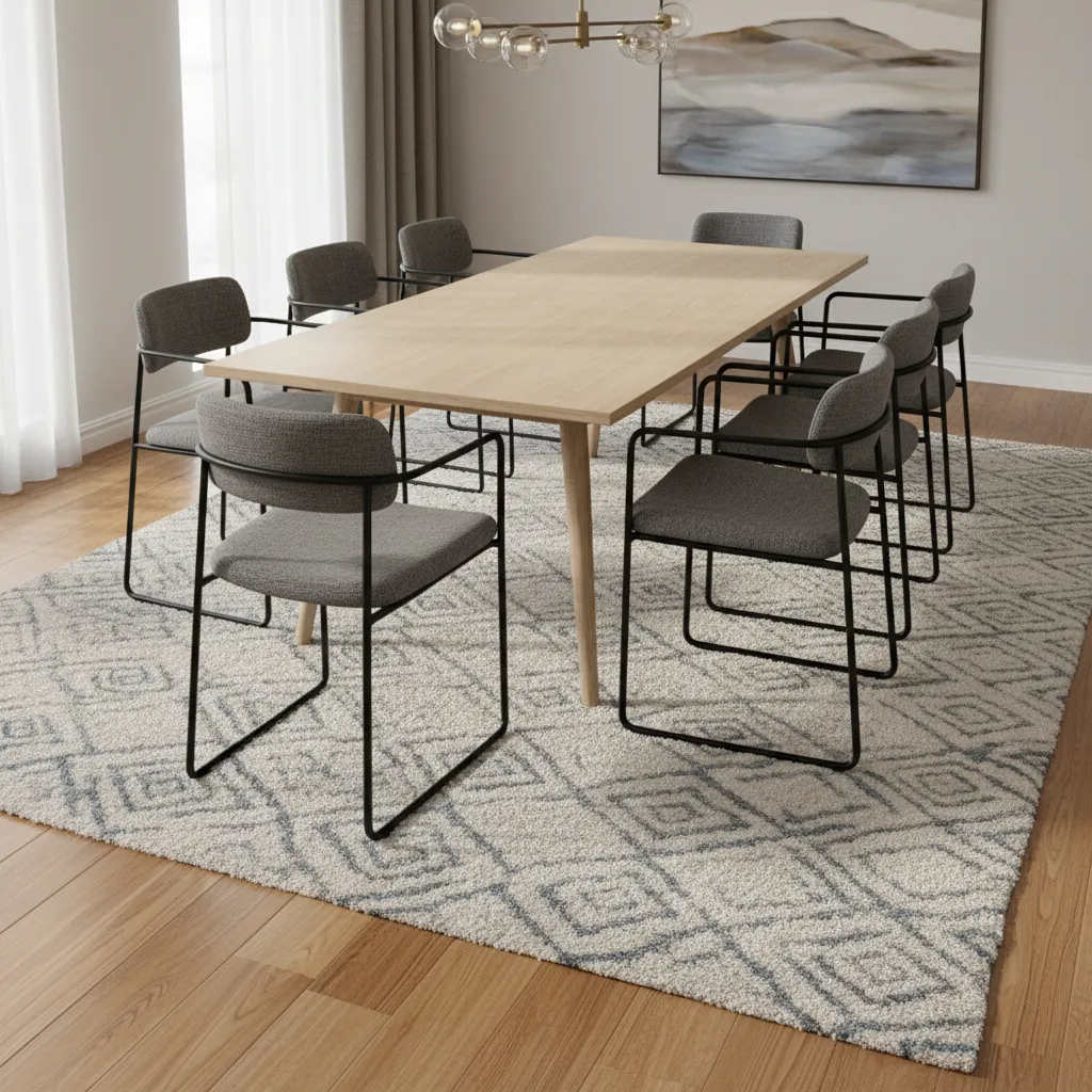 Dining chairs pulled out on a large rug showing correct clearance