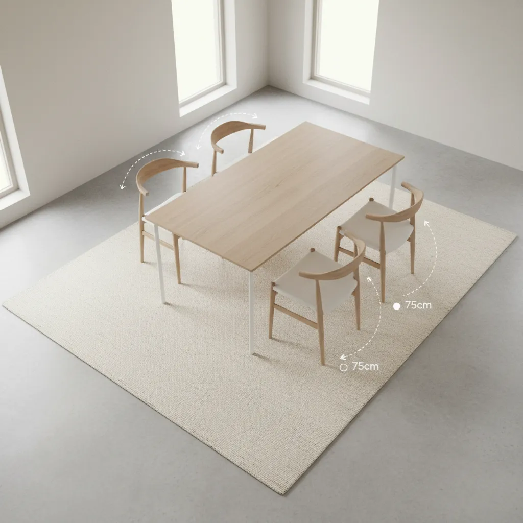 diagram style dining room showing chair movement space on rug