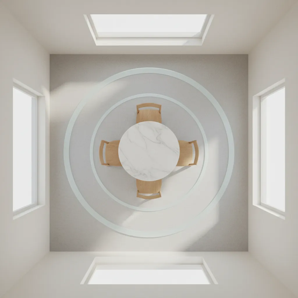 Dining table layout showing chair spacing and circulation clearance