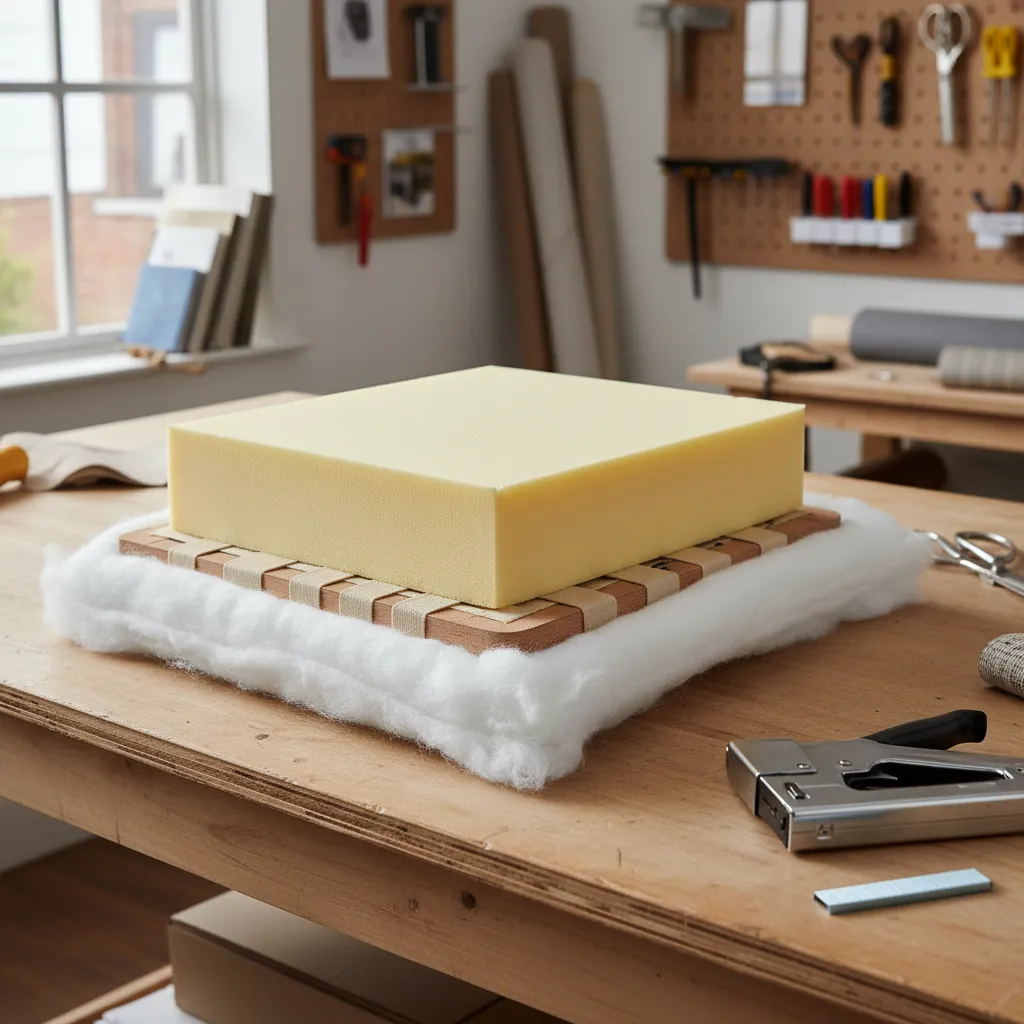 step by step layering foam and batting on a dining chair seat