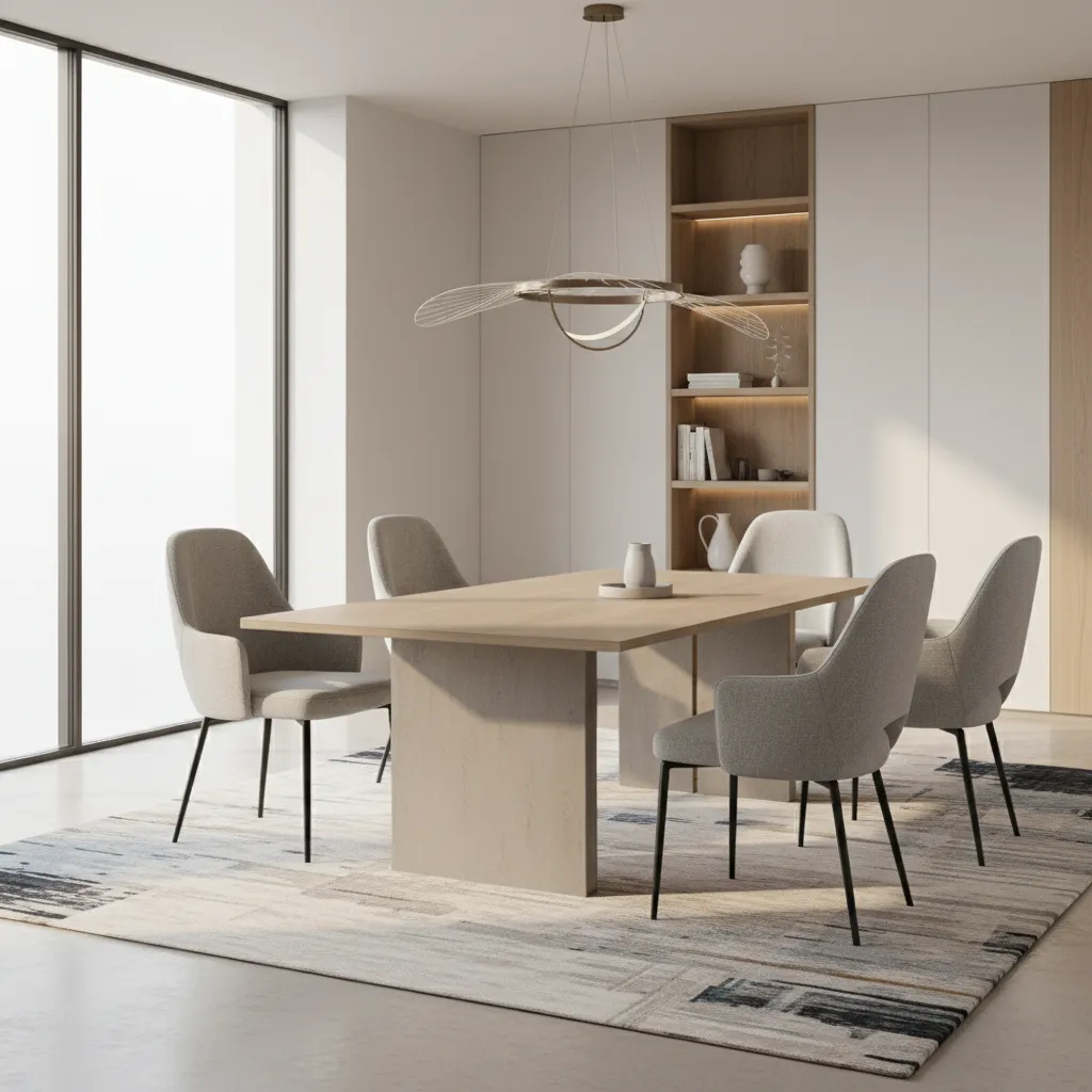Dining chairs arranged around a modern dining table showing upright seating posture
