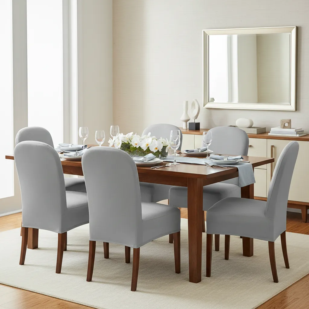 Dining room chairs with durable polyester stretch slipcovers in everyday use setting
