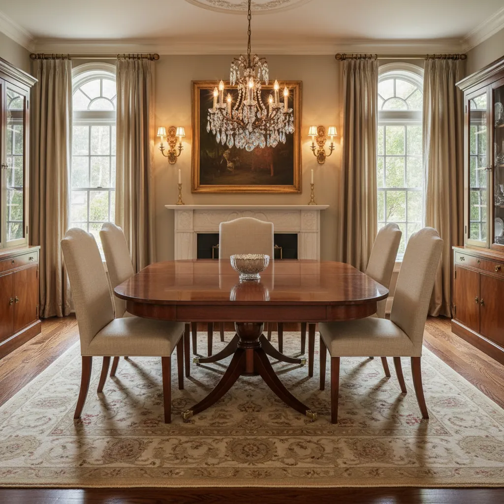 Dining chairs with neutral fabric upholstery paired with a mahogany table