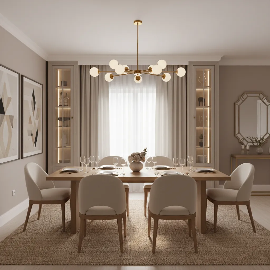 Dining chandelier hanging at ideal height above table for comfortable lighting