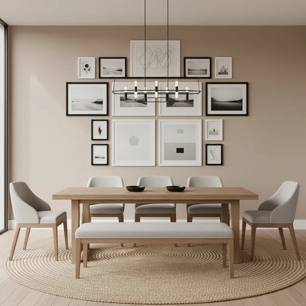Gallery wall with evenly spaced frames above dining table