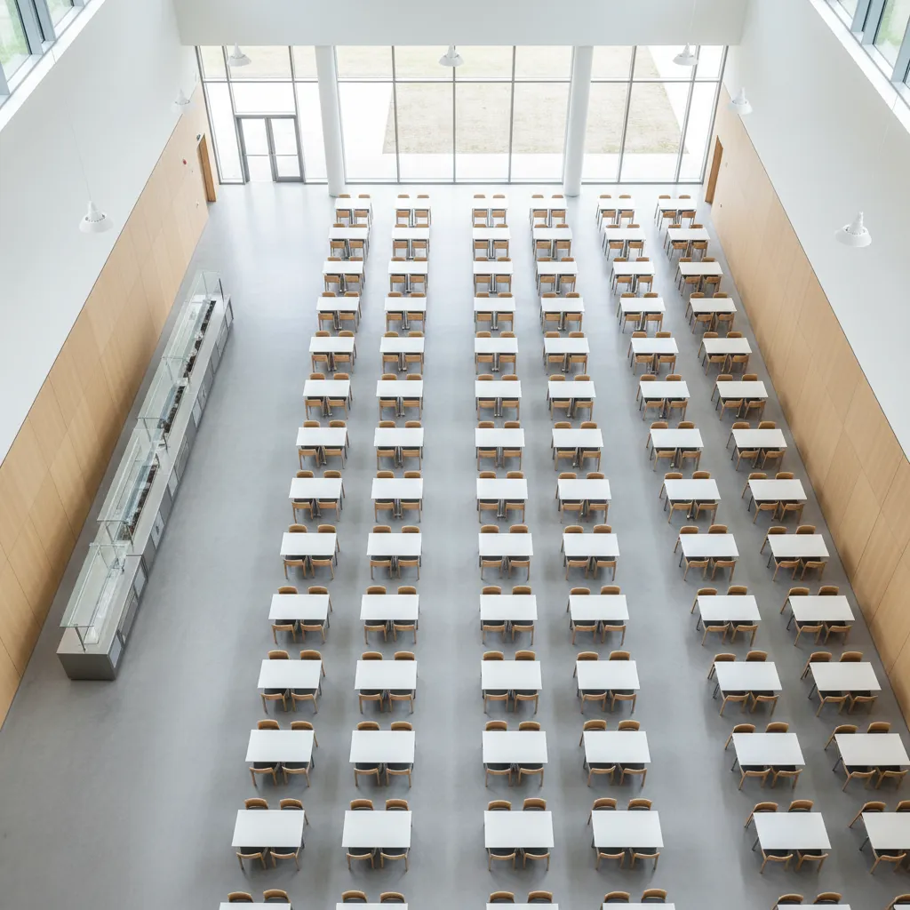 Dining hall layout highlighting main and secondary circulation aisles