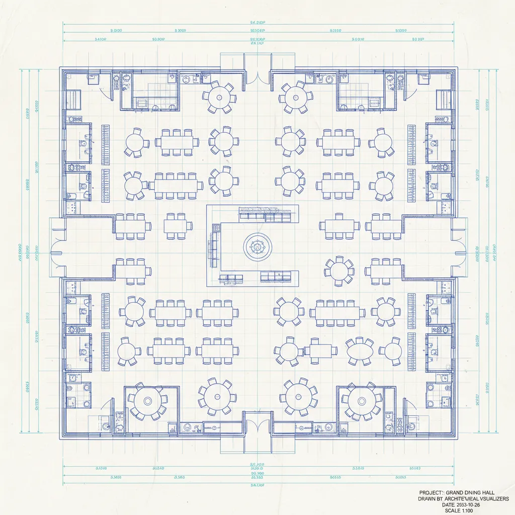 AutoCAD dining hall floor plan showing tables arranged in rows with measurement grid