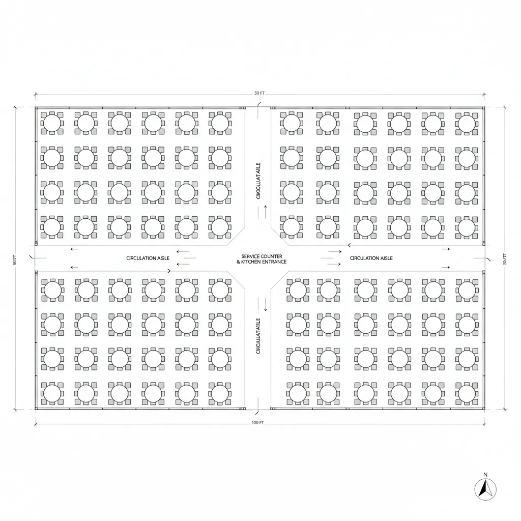 Dining hall floor plan showing table placement and circulation aisles