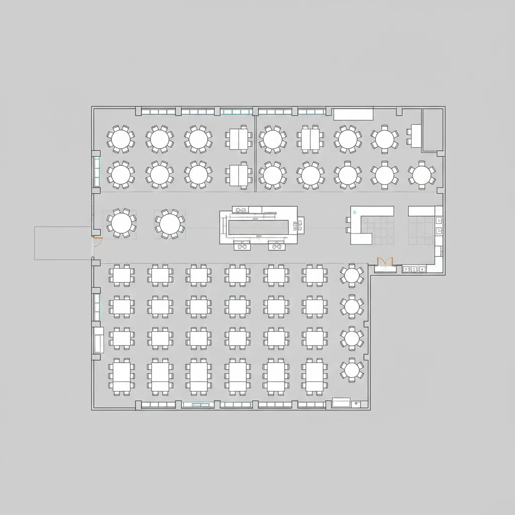 Top down view of a large restaurant floor plan showing round and square seating arrangements