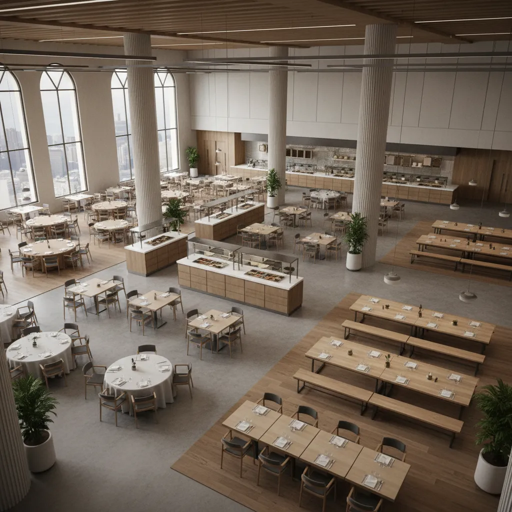 Large modern cafeteria room with round tables, long wooden benches, tall columns, and bright windows