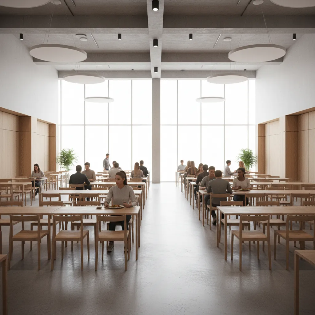 Dining hall showing balanced seating density and comfortable spacing