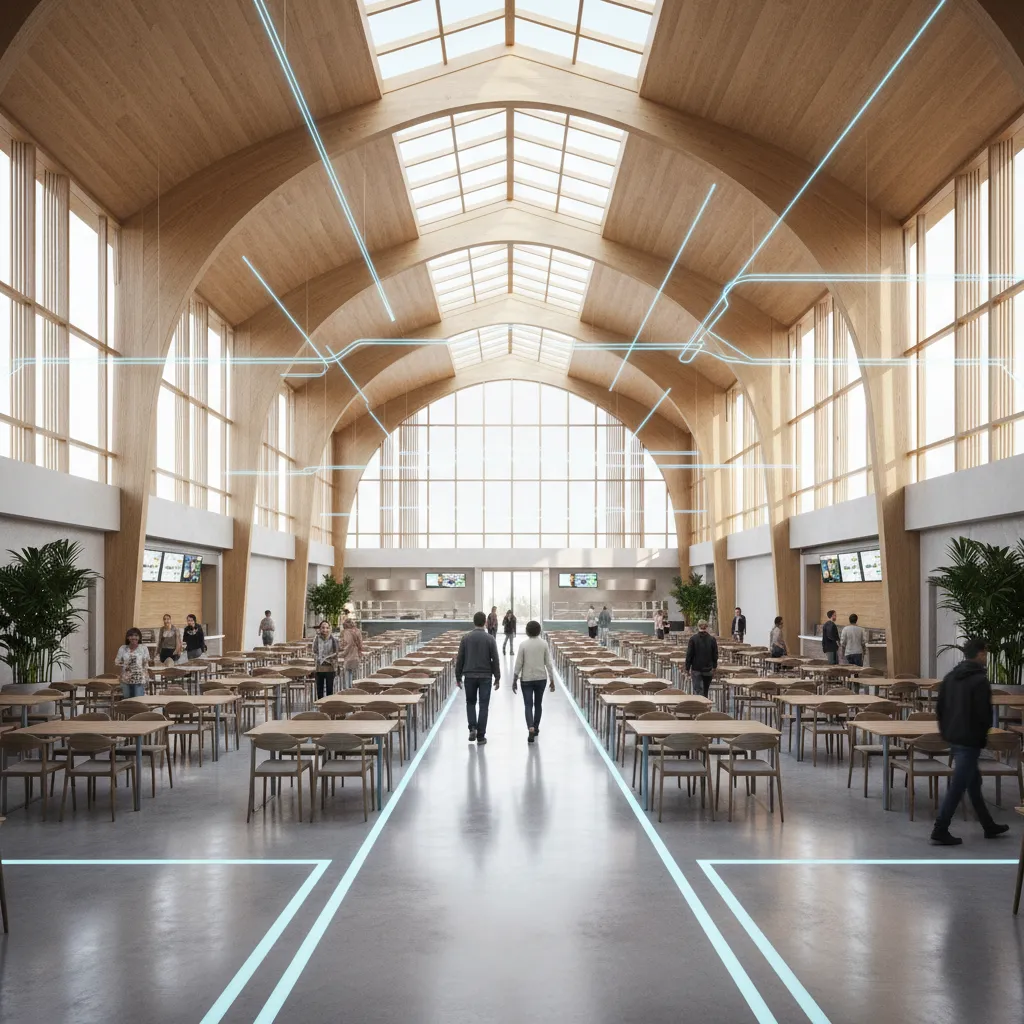 Visualization of traffic flow paths inside a dining hall layout