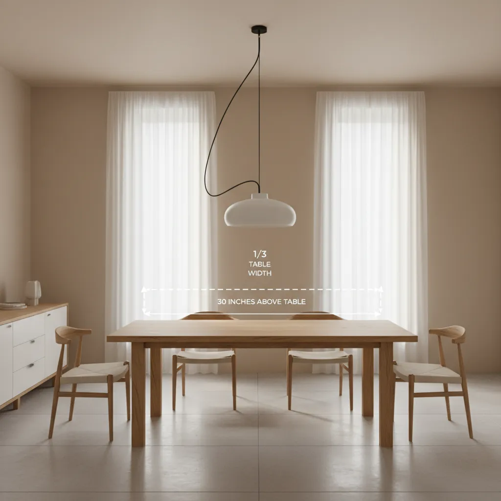 Diagram showing correct swag lamp size relative to dining table width