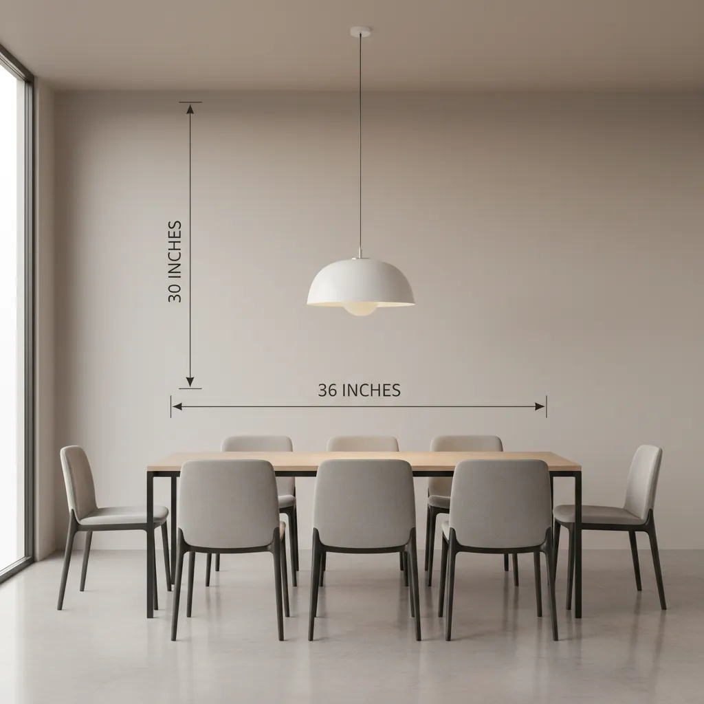 Diagram showing recommended 30 to 36 inch clearance between dining table and pendant light