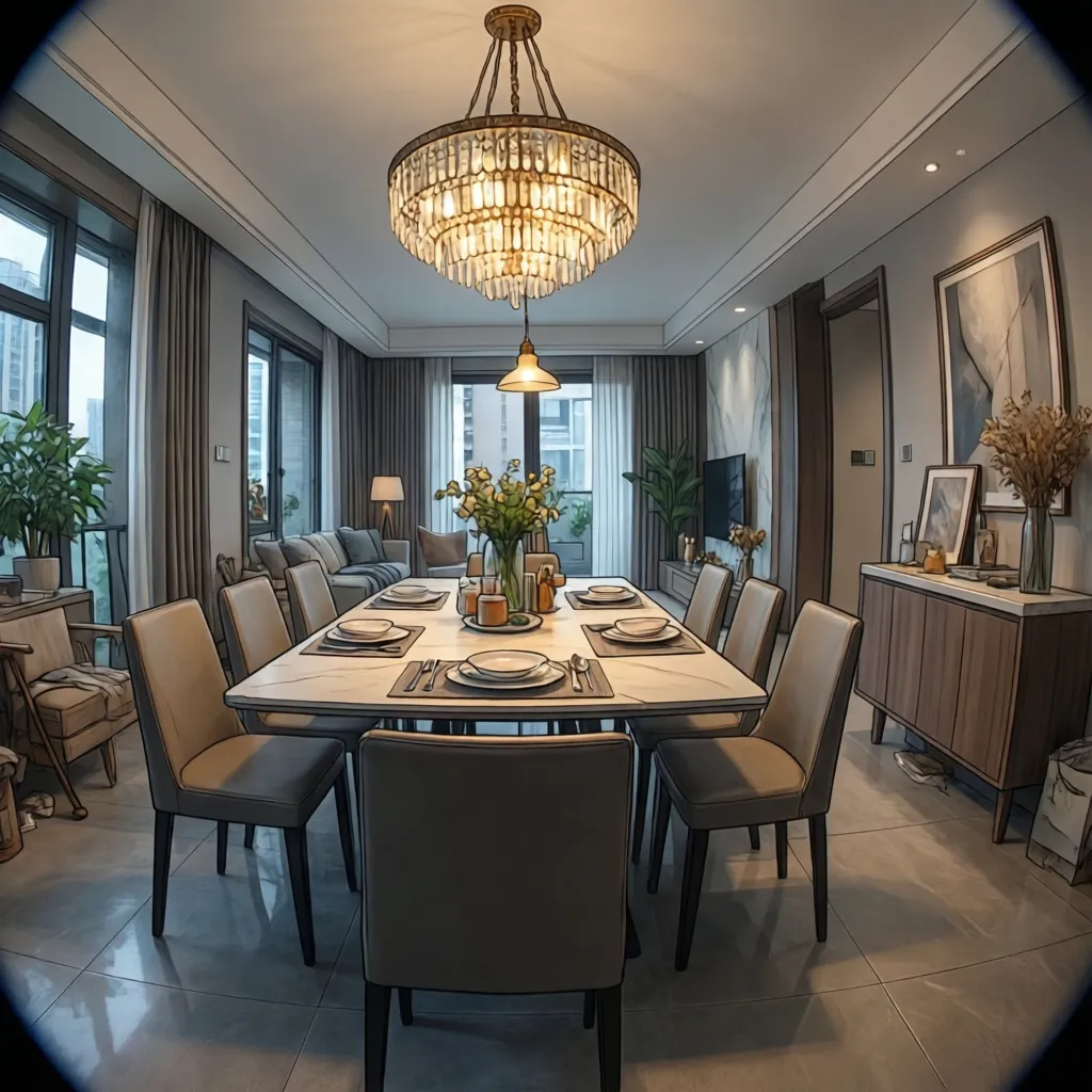 Comparison of oversized and undersized lighting fixtures over a rectangular dining table